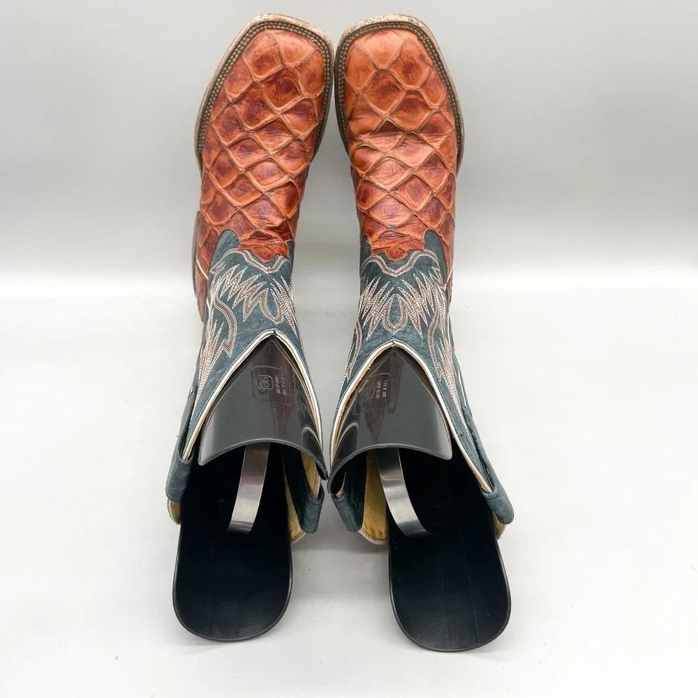 Horse Power Kids 5 Fish Scale Western Cowboy Boots Cognac Teal Leather SquareToe